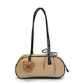 Minimalistische Stroh-Handtasche mit schwarzen Ledergriffen und süßem Bären-Anhänger - Schwarz Mit Anhänger