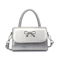 Silver bow-accented shoulder bag in metallic leather with top handle and strap - Silver