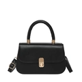 Minimalist black leather square handbag with golden metal lock and circular top handle - Black