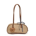 Retro-Stroh-Schultertasche mit braunen Ledergriffen und einem Plüschbär-Anhänger - Braun mit Anhänger