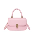 Pink vintage leather crossbody bag with top handle and gold twist lock in front view - Pink