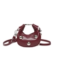 Burgundy moon-shaped handbag with silver metal studs and detachable shoulder strap - Red