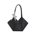 Fashionable black faux leather tote bag with geometric fold and decorative silk scarf - Geometric V-Shape Two-Piece Set (With Scarf) / Black
