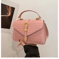 Details des rosa geflochtenen Lederdeckels und der goldenen Metallschnalle der Tasche - Rosa