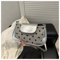 Detail of silver metallic PU leather and grey canvas patchwork bag with polka dots - Silver