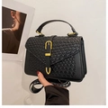 Detail der geflochtenen Handtasche mit goldener Schnalle und gemustertem Gurt - Schwarz