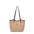 Borsa tote beige con dettagli in pelle marrone e una tasca frontale decorativa - Cachi