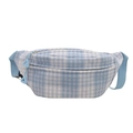 Blue and white checkered fanny pack with adjustable strap and dual zipper pockets - Blue
