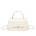 Minimalist beige leather square handbag with golden clasp and adjustable shoulder strap - White