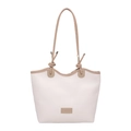 Minimalist beige tote bag with khaki trim and long handles for stylish commuting - White