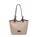 Minimalist beige and brown colorblock leather tote bag with knot handle detailing - Khaki