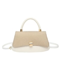 Elegante bolso de cuero blanco y punto beige con hebilla dorada y asa redonda firme - Blanco