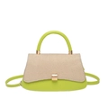 Lime green faux leather and woven straw crossbody bag with golden buckle and handle - Green