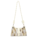 Borsa patchwork geometrico beige e caffè con spessa tracolla intrecciata a corda - Bianco Sporco
