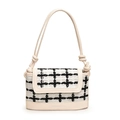 Fashion contrast tweed shoulder bag in creamy white with a knotted rope strap design - White Checkerboard