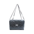Classic black quilted shoulder bag with silver chain strap and square metal buckle - Black