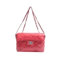 Red quilted diamond stitch faux leather shoulder bag with silver metal chain strap - Red