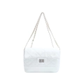 White quilted diamond pattern chain crossbody bag with silver metallic twist lock closure - White