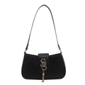 Minimalist black shoulder bag with gold metal logo and tassel detail on white background - Black