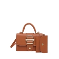Brown litchi grain PU leather handbag set with gold buckle and matching small pouch - Brown