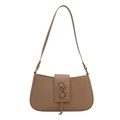 Bolso de hombro media luna beige chic con logo metálico dorado y detalle de borlas - Caqui