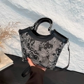Elegant Chinese style silk embroidery bucket bag with coral pattern and leather handles - Black