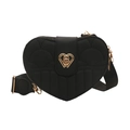 Black heart-shaped quilted crossbody bag with gold lock and wide fabric strap - Black