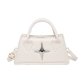 Minimalist beige PU leather trapezoid handbag with gold star buckle and shoulder strap - White