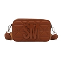 Brown crossbody camera bag with diamond quilted texture and SM logo on wide strap - Brown