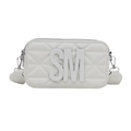 White quilted crossbody bag with SM logo and silver hardware on white background - White