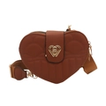 Brown heart-shaped quilted crossbody bag with golden lock and wide fabric strap - Brown