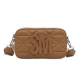 Caramel brown crossbody camera bag with geometric quilting and embossed SM logo - Khaki
