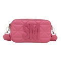 Pink quilted crossbody camera bag featuring 3D letter logo and silver hardware detail - Pink