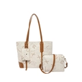 Three-piece women's beige tote bag set with brown trim and shoulder straps - White