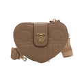 Quilted heart-shaped crossbody bag in tan brown leather with golden metallic heart lock - Khaki