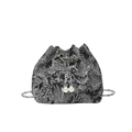 Street style chain bucket bag with black and white embroidery and pearl drawstring detail - Black