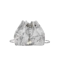 Silver jacquard bucket bag with floral embroidery, chain drawstring and pearl accents - Silver