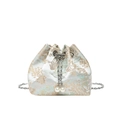 Off-white silk bucket bag with landscape embroidery, silver chain, and pearl charms - Green