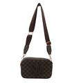 Vintage bruine crossbody cameratas met SM-letterprint en brede geweven schouderband - Bruin