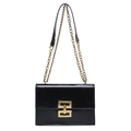 Glossy black leather crossbody bag with a gold geometric clasp and metal chain strap - Black