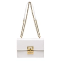 White leather square crossbody bag with gold chain strap and geometric metal lock detail - White