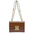 Brown vintage chain shoulder bag with gold geometric buckle on a white background - Brown