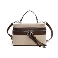 Retro contrast stitching box handbag in cream canvas and brown leather with shoulder strap - Brown