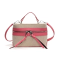 Beige canvas box crossbody bag with rose pink leather trim and dual zip closure - Pink