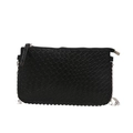 Fashionable black textured chain crossbody bag with silver rivet details and zipper - Black