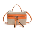 Vintage color-block box handbag in beige woven fabric with bright orange leather trim - Orange