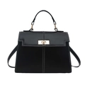 Elegante bolso de mano trapezoidal negro con costuras blancas y cierre giratorio dorado - Negro
