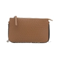 Brown faux crocodile textured shoulder bag with silver studs and braided zipper detail - Khaki