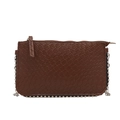 Brown woven texture crossbody bag with silver rivet studs and elegant metal chain strap - Brown