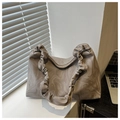 Close-up of marble texture on underarm bag with pleated handle and zipper detail - Gray